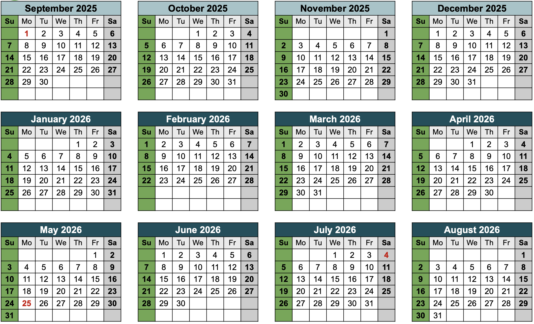Darul Uloom Austin 2025–2026 Full-Year Calendar grid