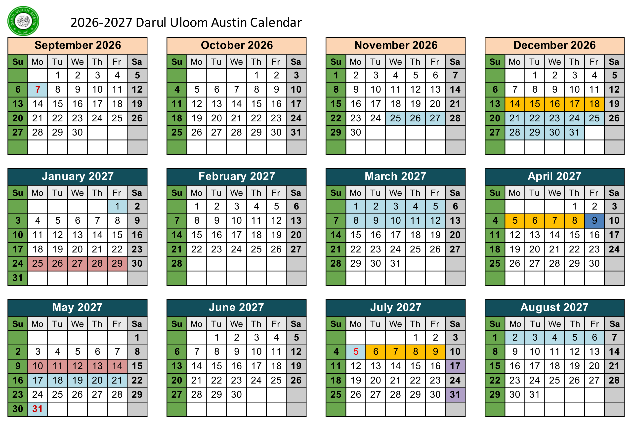 Darul Uloom Austin 2026–2027 Full-Year Calendar grid